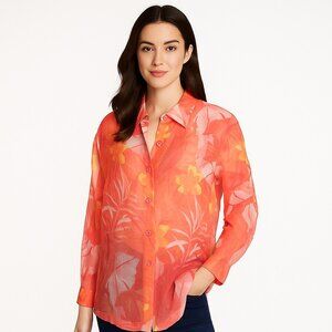 Draper's & Damon's Petites Sheer Floral Button-Down Blouse Tropical Print Size L